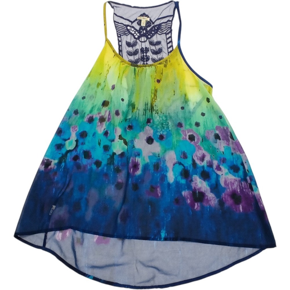 Lily White Floral Tank Top S Blue Yellow Boho Crochet Lace Mesh Festival Summer